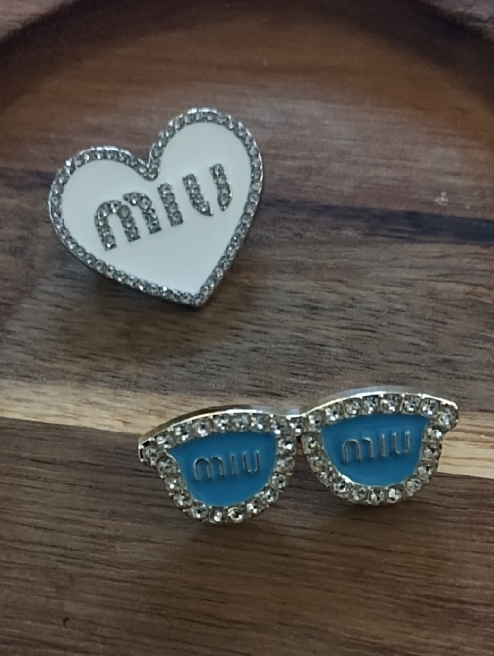 Miu White Heart & Blue Sunglasses Crystal Pin Duo